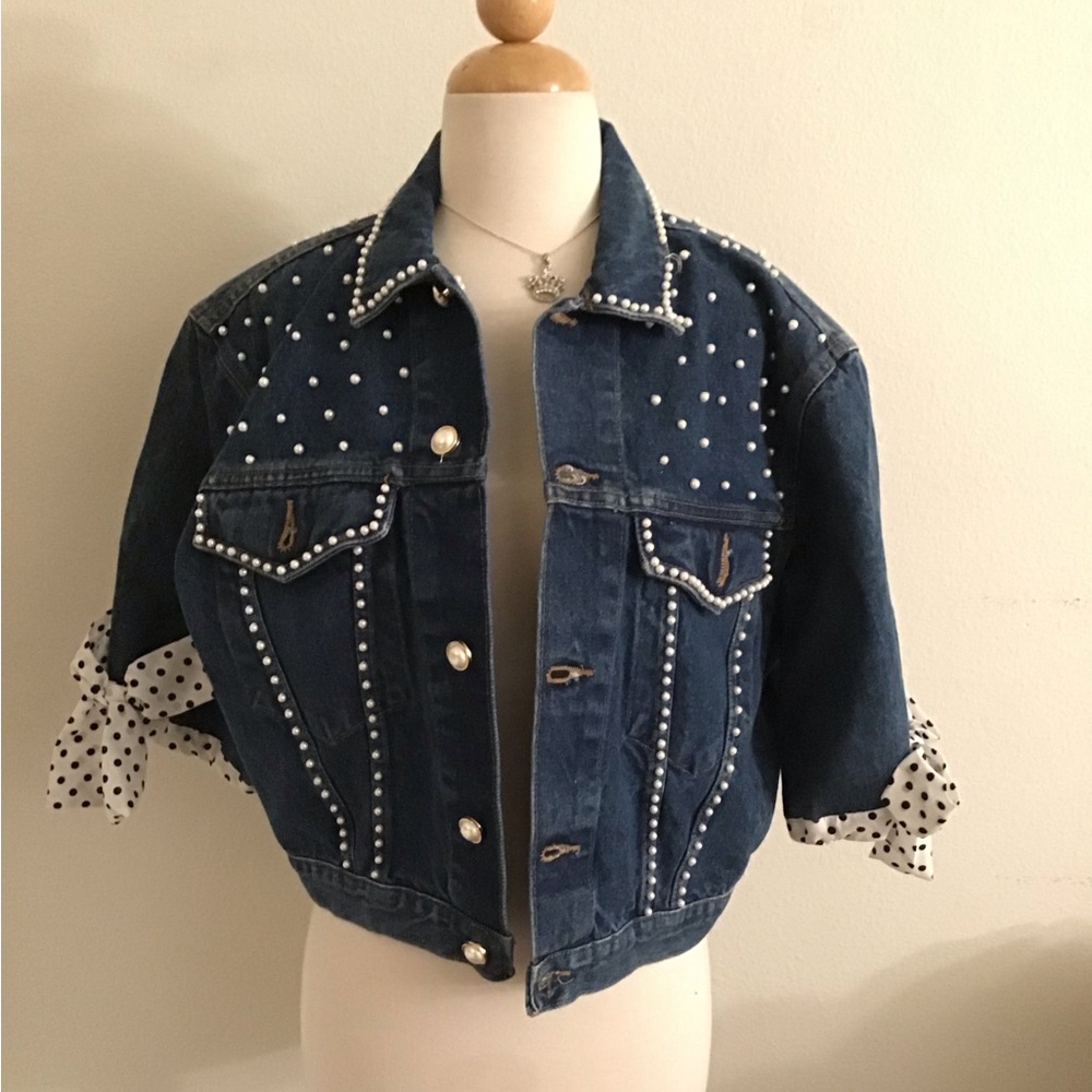 Denim Pearl-Embellished Jacket